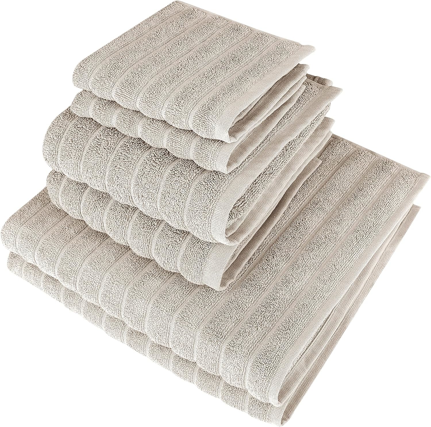 Luxury 6 Piece Towel Set - 2 Bath Towels, 2 Hand Towels, 2 Washcloths, Jacquard Ribbed, Absorbent, 100% Turkish Cotton (Almond Beige)
