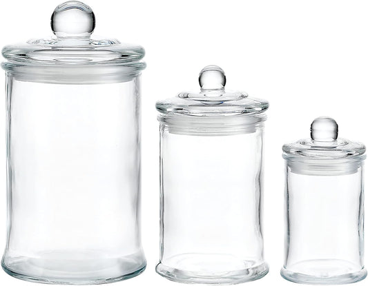 3Pcs Set Small Mini Clear Glass Premium Quality Apothecary Jars with Lids Bathroom Accessories Set for Bathroom Laundry Room Storage or Kitchen / Vanity Organizer Canisters for Cotton Balls / Swabs, Makeup Sponges, Bath Salts, Q-Tips (Clear)
