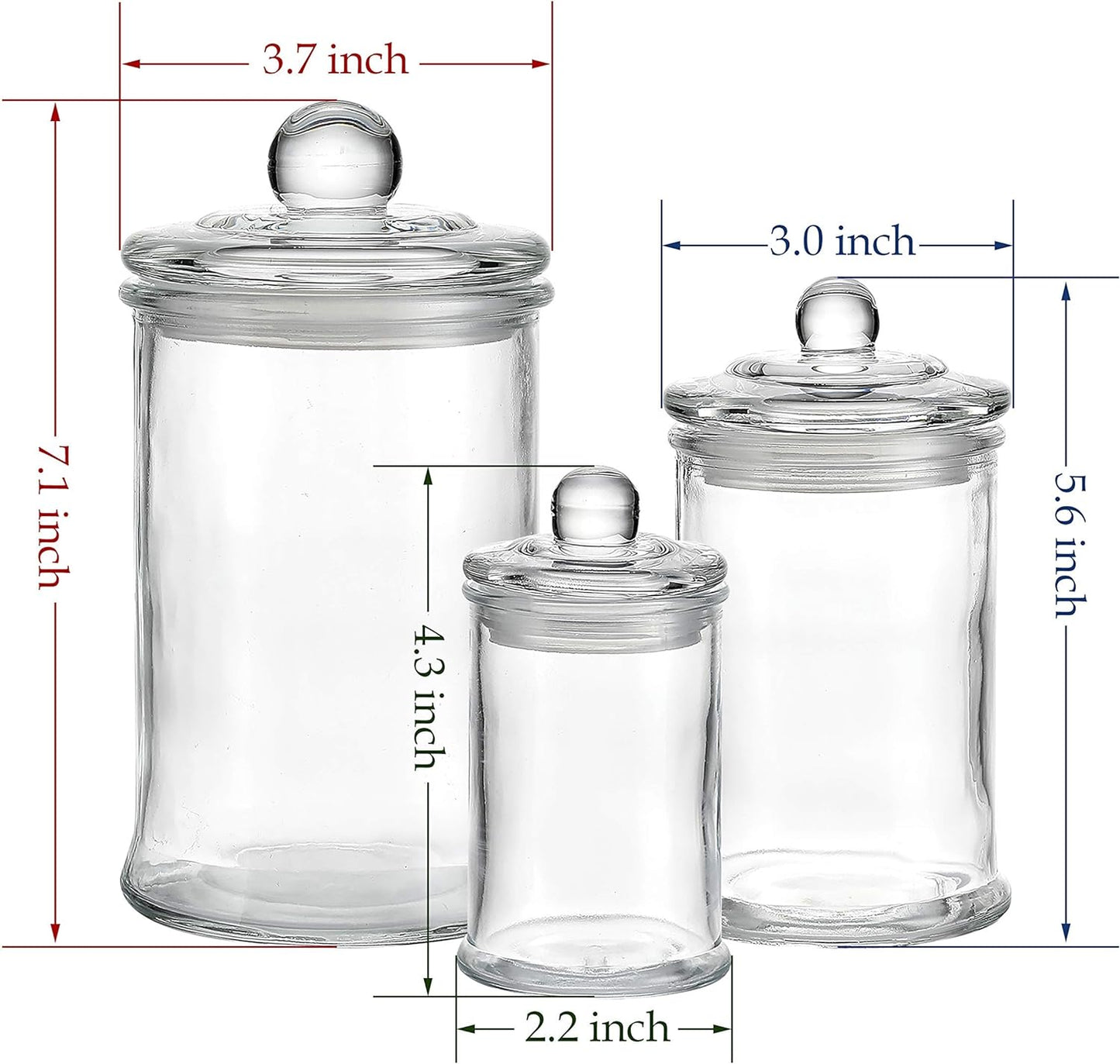 3Pcs Set Small Mini Clear Glass Premium Quality Apothecary Jars with Lids Bathroom Accessories Set for Bathroom Laundry Room Storage or Kitchen / Vanity Organizer Canisters for Cotton Balls / Swabs, Makeup Sponges, Bath Salts, Q-Tips (Clear)