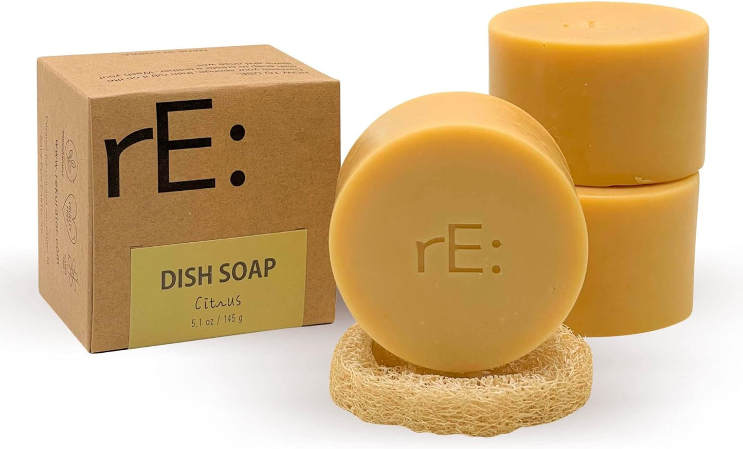 Dish Washing Soap Bars (Loofah Holder Sponge Included) - Palm Oil Free, Eco Friendly, Zero Waste, Plastic Free, Free of Artificial Dyes and Fragrance (Citrus)