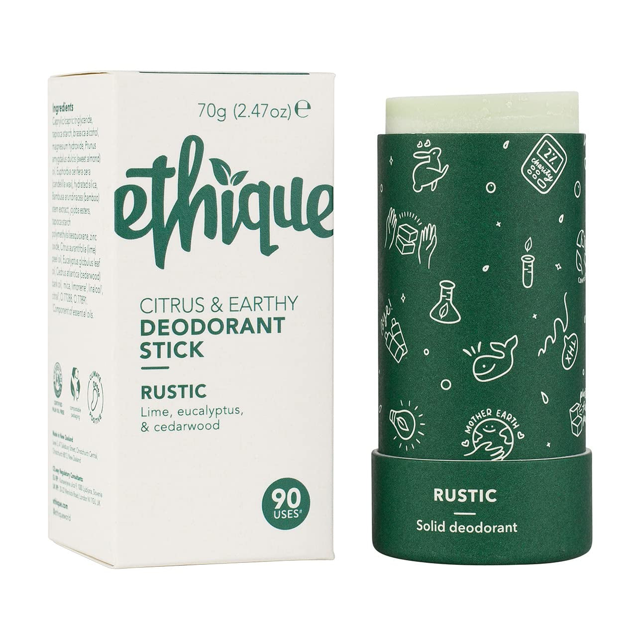 Rustic Citrus & Earthy Deodorant - Natural Aluminum-Free Stick for Women & Men - Vegan, Eco-Friendly- Zero-Waste, Plastic-Free, Cruelty-Free, 2.47 Oz (Pack of 1)