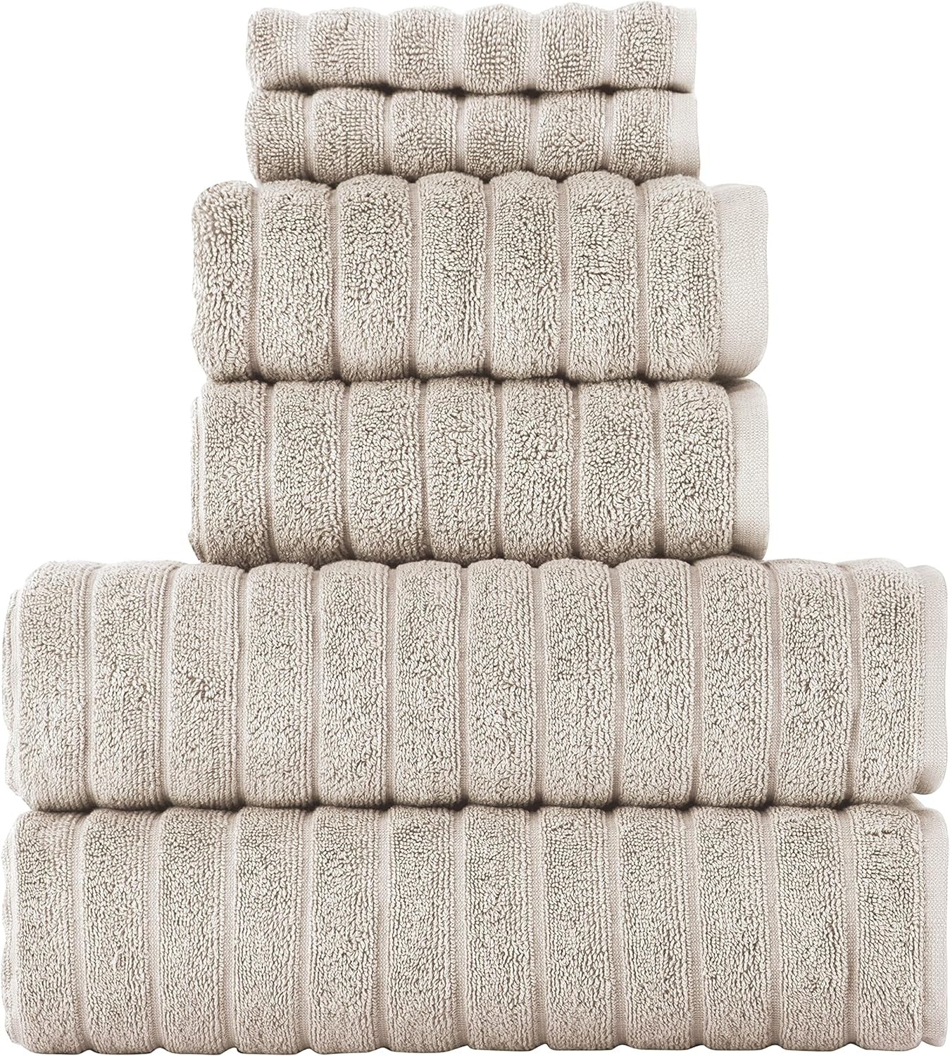 Luxury 6 Piece Towel Set - 2 Bath Towels, 2 Hand Towels, 2 Washcloths, Jacquard Ribbed, Absorbent, 100% Turkish Cotton (Almond Beige)