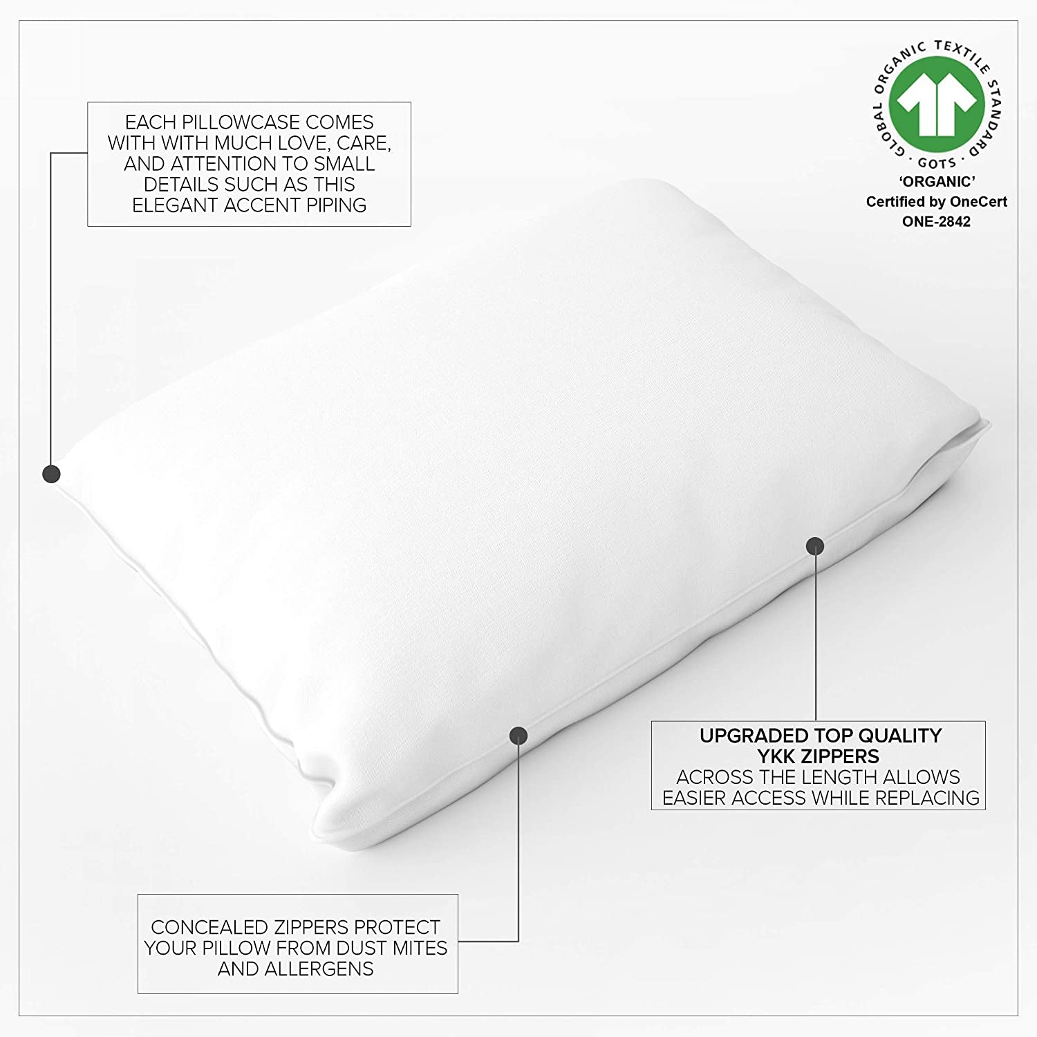 Organic Pillow Protector (Set of 2) GOTS Certified Organic Cotton Pillow Cases Zippered Natural Breathable Safer Barrier Fits Queen Pillow (20X30, Bright White)
