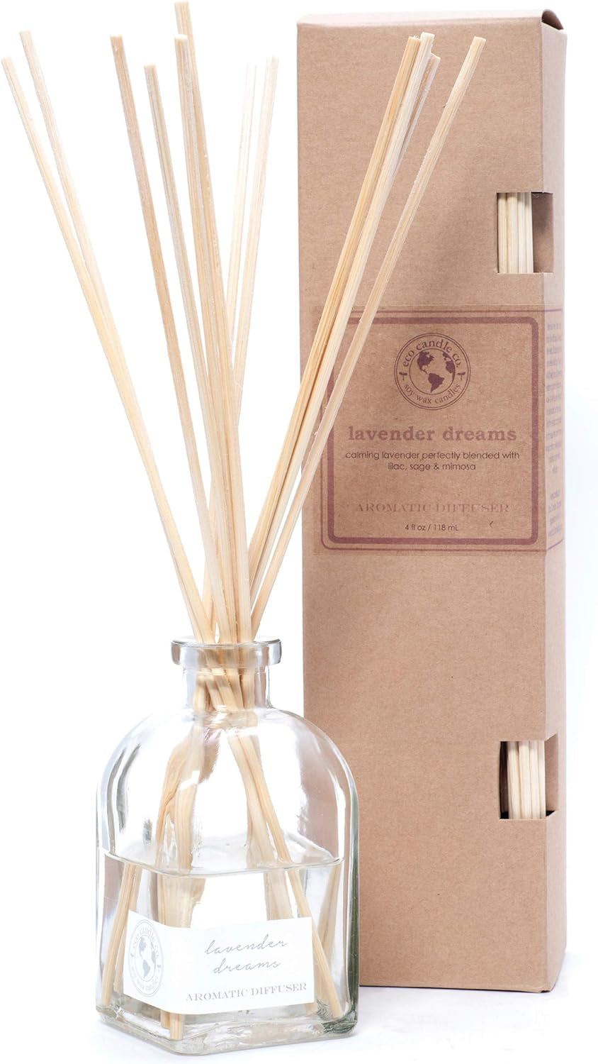Reed Diffuser Set, Lavender Dreams, 4 Oz. - Scents of Lavender, Lilac, Sage, & Mimosa - Premium Fragrance and Essential Oil Blends, Clear Glass, 12 Reed Sticks, Recycled Kraft Box